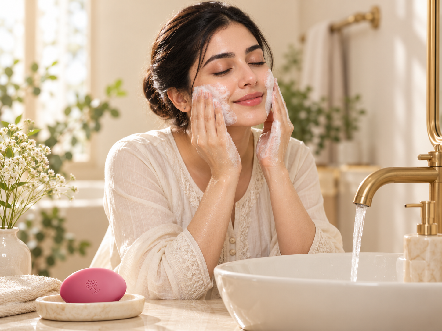 A woman gently cleansing her face at a washbasin