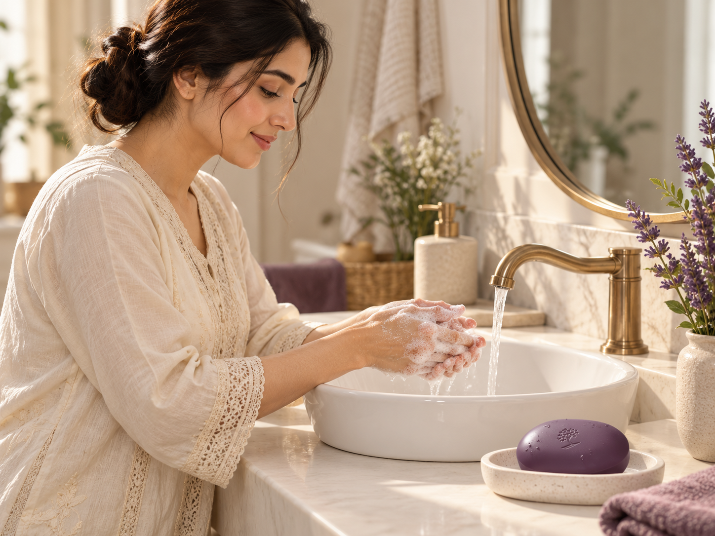 A cleansing routine with soap at a washbasin