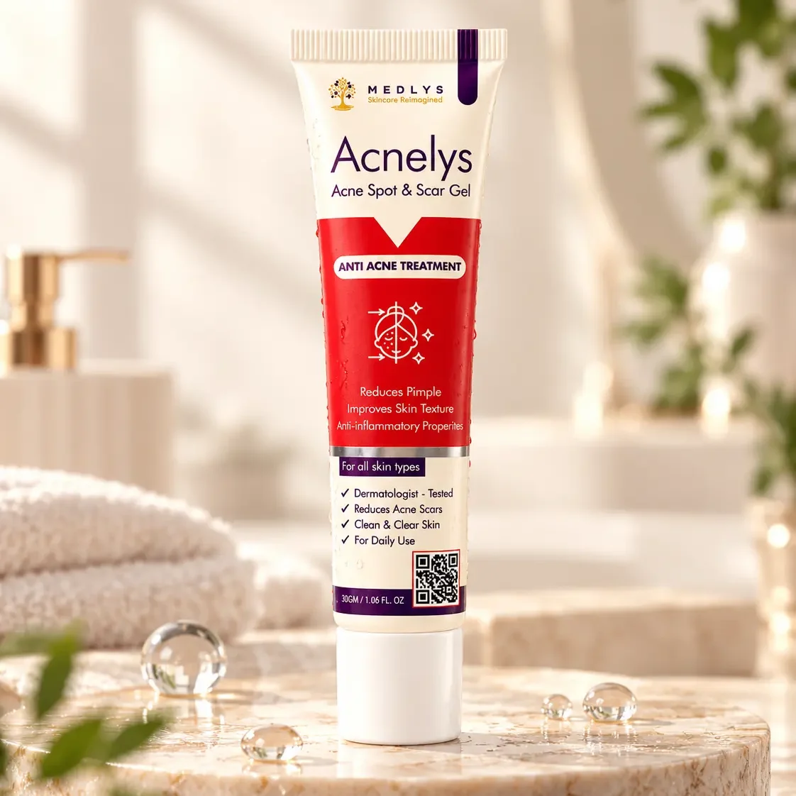 MEDLYS Acnelys Acne Spot & Scar Gel 30g tube for acne care and improving skin texture.
