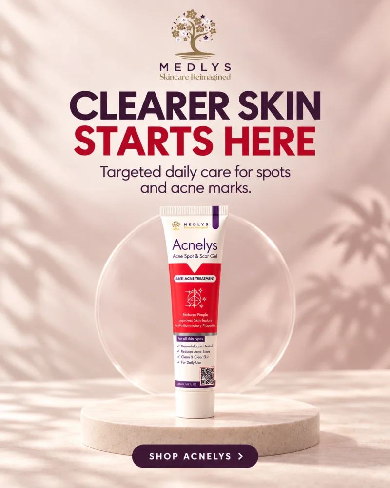 MEDLYS Acnelys Acne Spot & Scar Gel displayed on a beige skincare podium with soft sunlight and shadows. The promotional banner highlights targeted daily care for acne spots, pimples, and acne marks.
