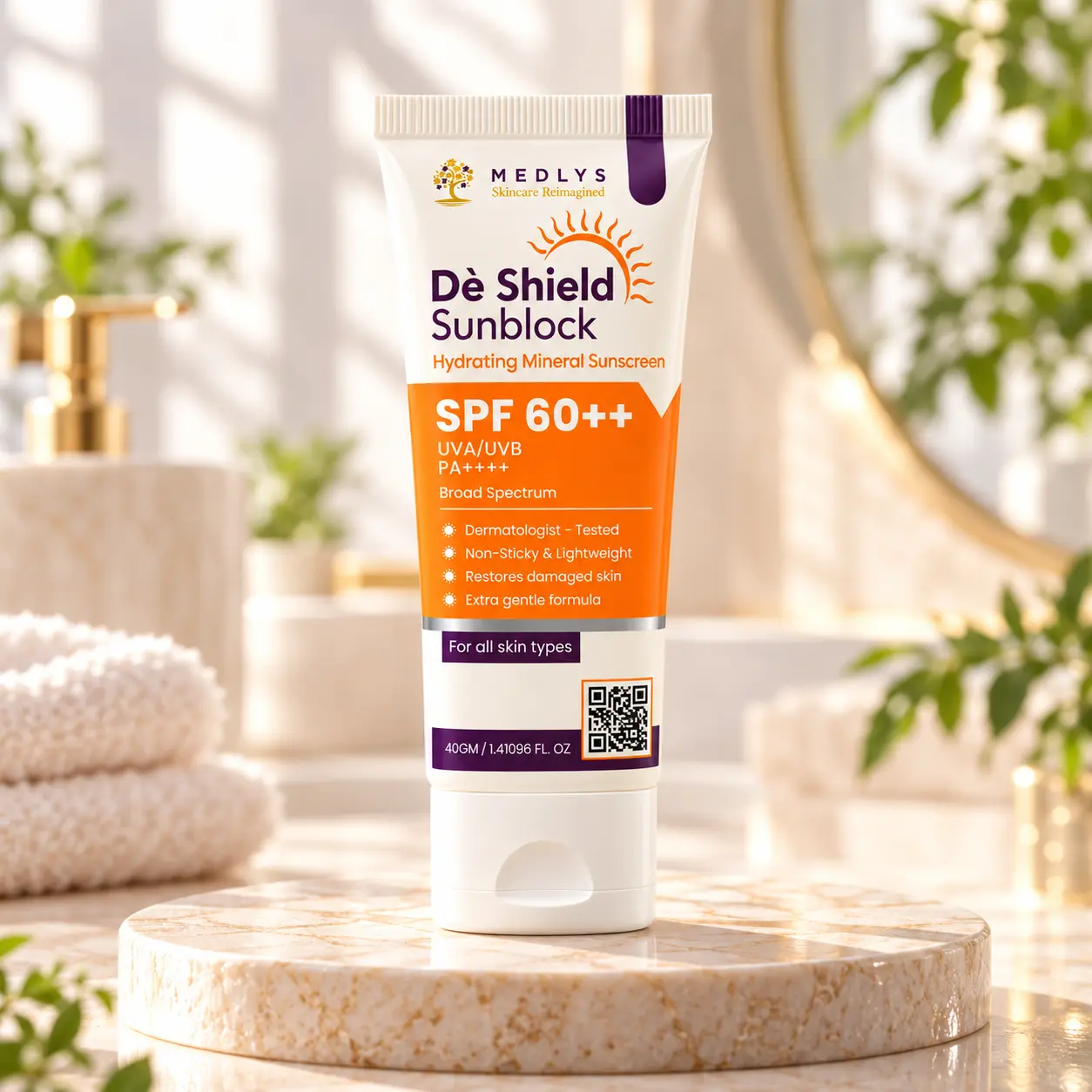 MEDLYS De Shield SPF 60++ hydrating mineral sunblock for UVA and UVB protection in a 40g tube.
