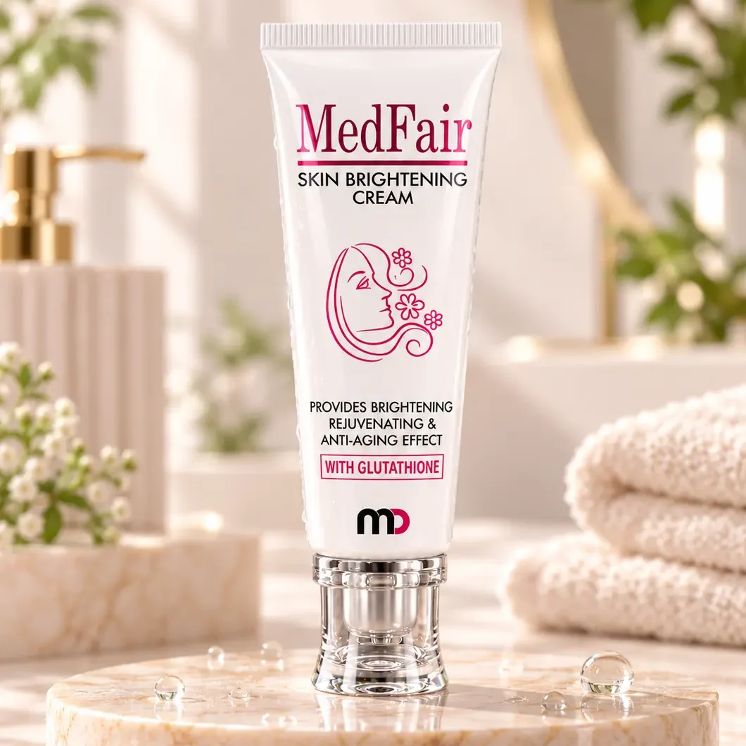MEDLYS MedFair skin brightening cream with glutathione in a white tube displayed on a marble pedestal.