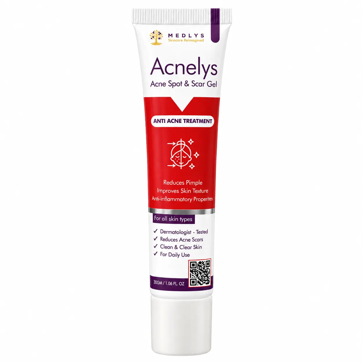 Medlys Acnelys Acne Spot & Scar Gel, an anti-acne treatment designed to reduce pimples and acne scars, improve skin texture, and provide anti-inflammatory benefits for all skin types.