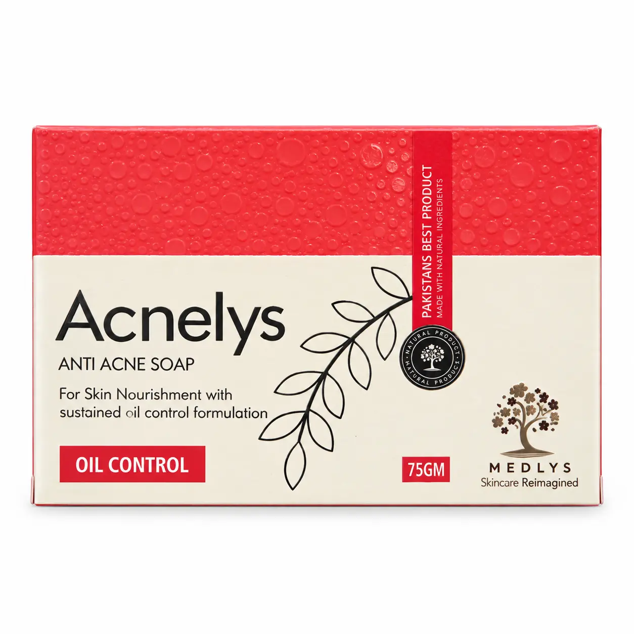 Medlys Acnelys Anti Acne Soap, a 75g oil-control soap formulated for skin nourishment and sustained oil control, made with natural ingredients.