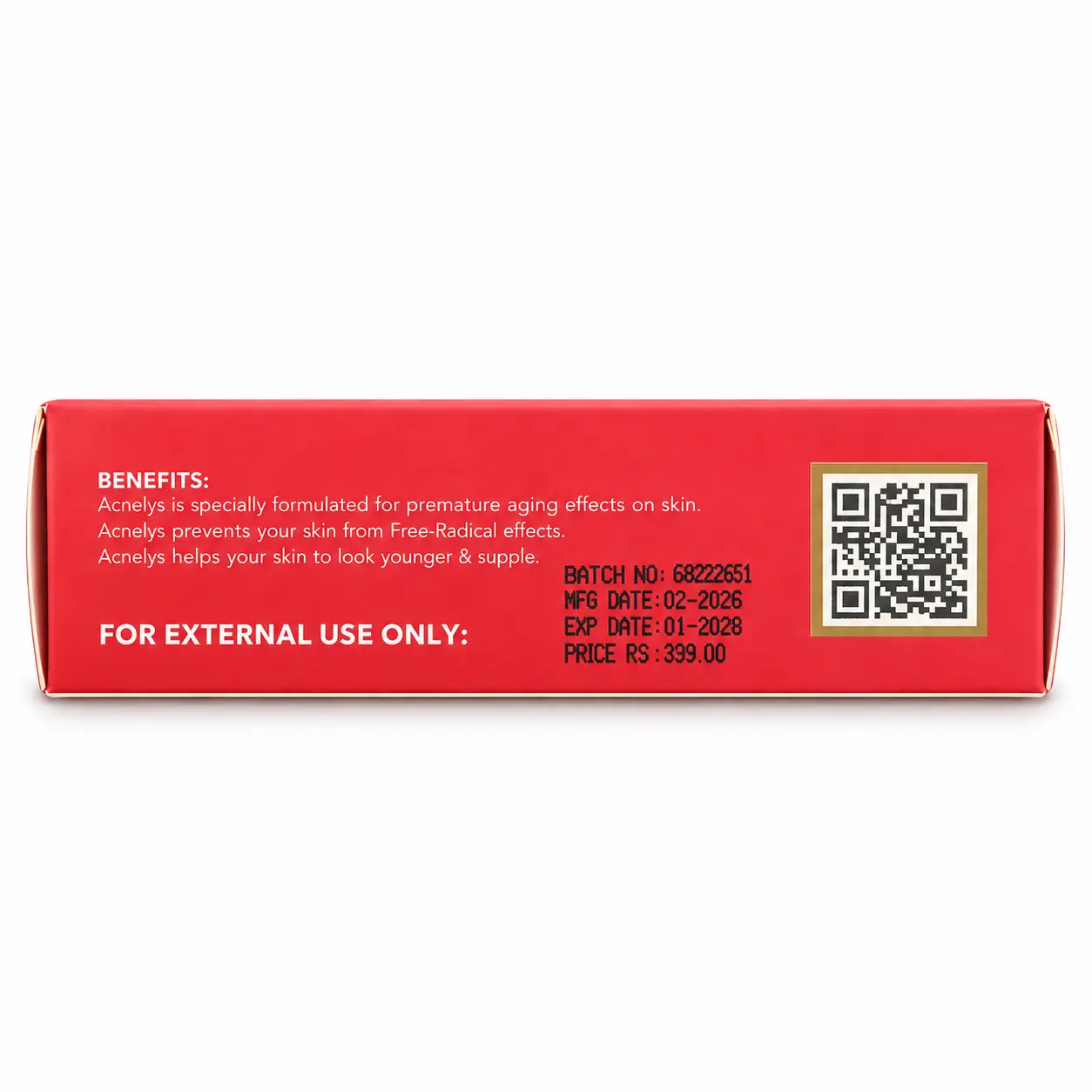 Back packaging of Medlys Acnelys Anti Acne Soap showing product benefits, batch number, manufacturing and expiry dates, price, and QR code.