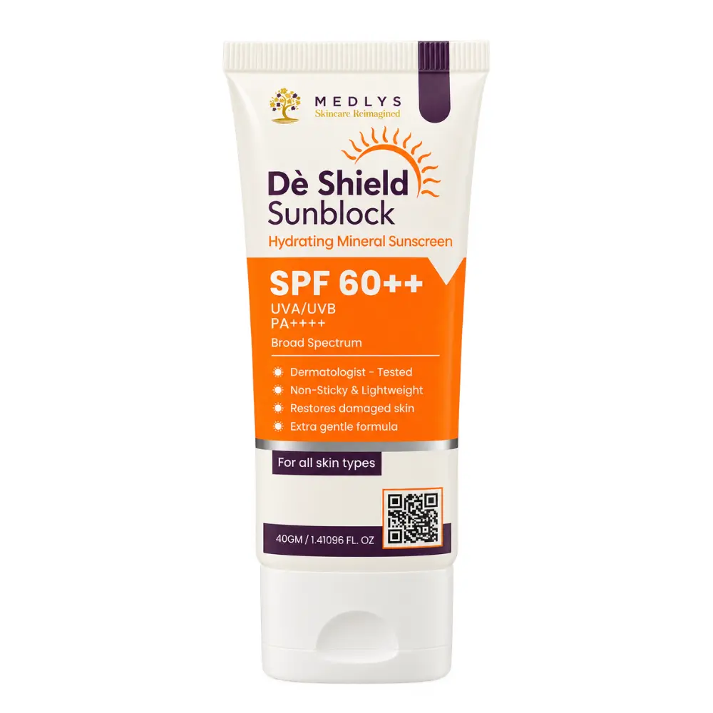 Medlys Dè Shield Sunblock SPF 60++ hydrating mineral sunscreen with broad-spectrum UVA/UVB protection, PA++++, lightweight non-sticky formula, suitable for all skin types.