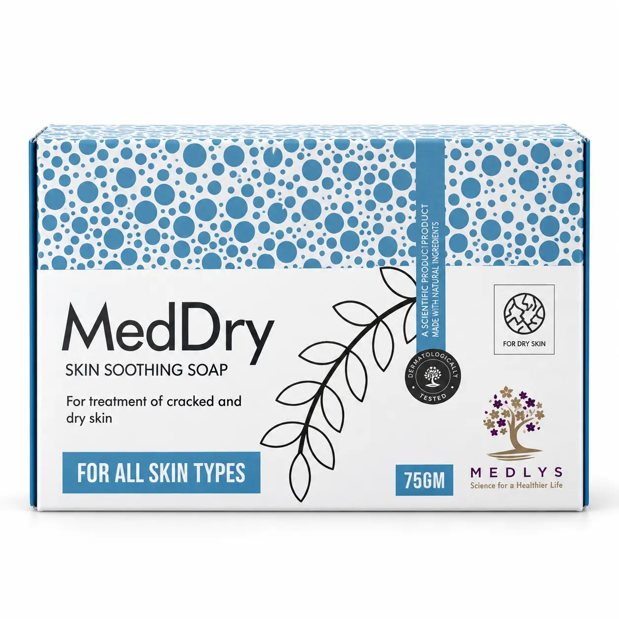 Medlys MedDry Skin Soothing Soap, a 75g dermatologically tested soap designed to soothe dry, cracked skin.
