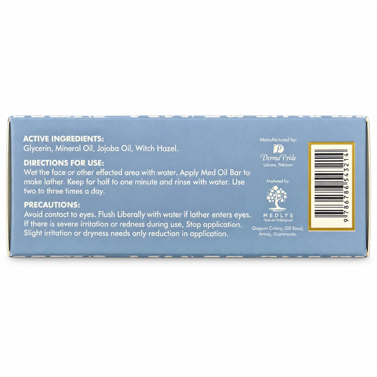 Back packaging of Medlys MedDry Skin Soothing Soap showing active ingredients, including glycerin, mineral oil, jojoba oil, and witch hazel, along with directions for use, precautions, manufacturer details, and barcode.
