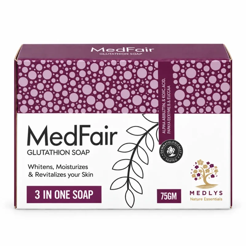 Medlys MedFair Glutathion Soap, a 3-in-1 skincare soap designed to whiten, moisturize, and revitalize skin, featuring alpha arbutin, kojic acid, papaya enzyme, and eucalyptus.