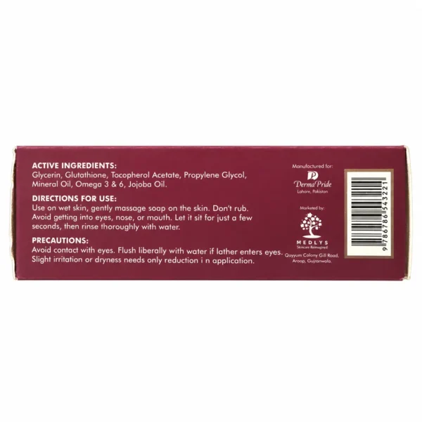 Back packaging of Medlys MedFair Glutathion Soap showing active ingredients, directions for use, precautions, manufacturer details, and barcode.