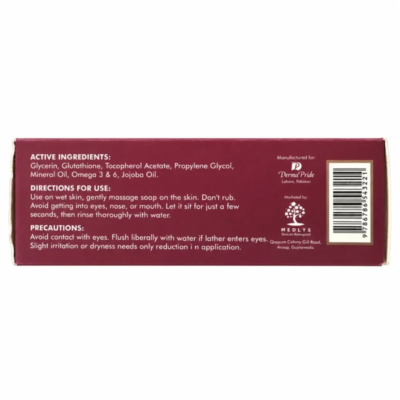 Back packaging of Medlys MedFair Glutathion Soap showing active ingredients, directions for use, precautions, manufacturer details, and barcode.