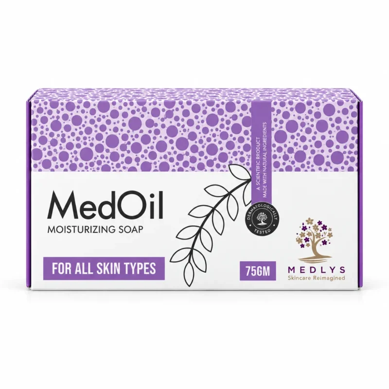 Medlys MedOil Moisturizing Soap, a 75g dermatologically tested soap suitable for all skin types, designed to support skin moisturization.