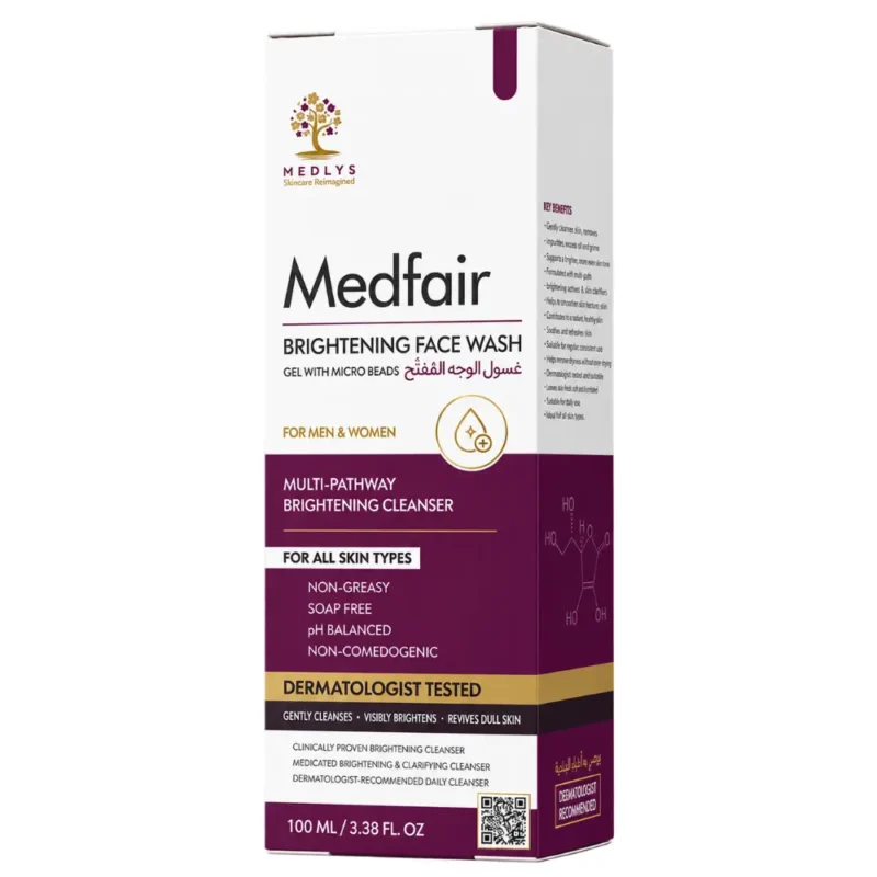 Medlys Medfair Brightening Face Wash with micro beads, a multi-pathway brightening cleanser for all skin types, 100ml packaging.