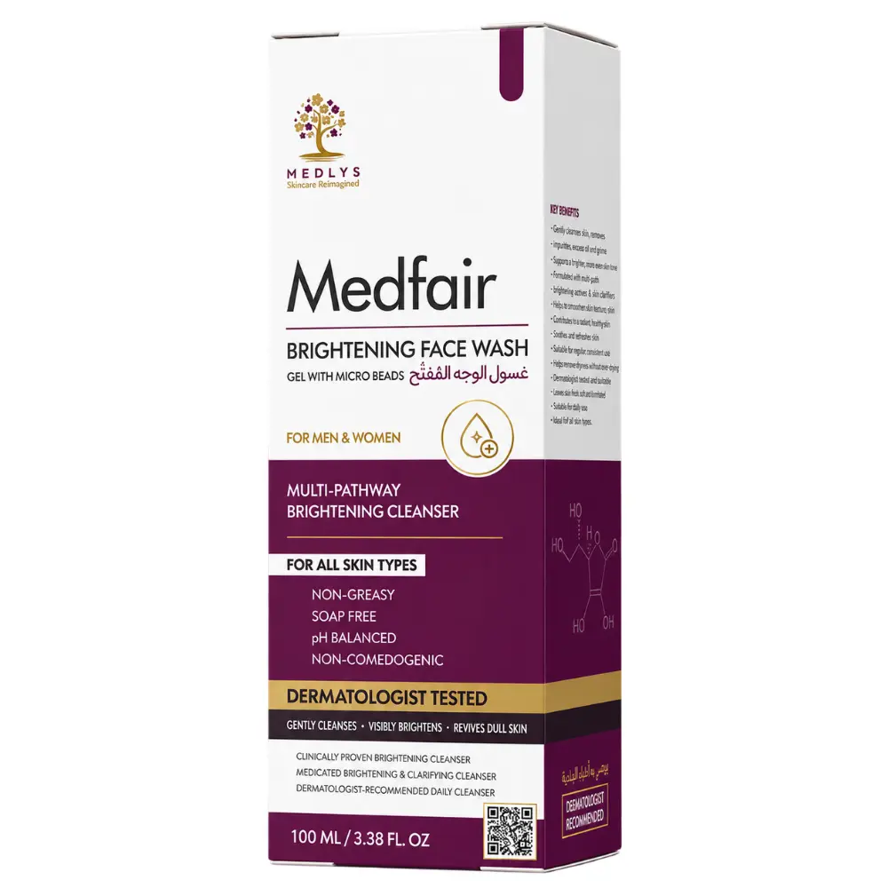 Medlys Medfair Brightening Face Wash with micro beads, a multi-pathway brightening cleanser for all skin types, 100ml packaging.